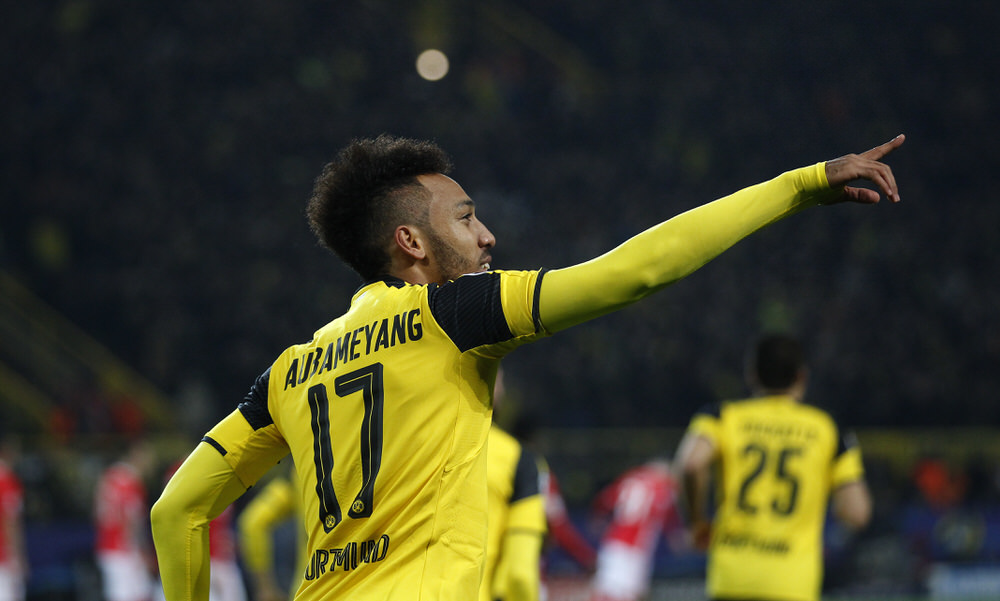 DORTMUND, GERMANY - MARCH 8: Pierre-Emerick Aubameyang of Borussia Dortmund celebrates after scoring a goal during the UEFA Champions League round of 16 soccer match between Borussia Dortmund and Benfica at the Signal Iduna Park in Dortmund, Germany on March 8, 2017.  ( Ina Fassbender - Anadolu Agency )