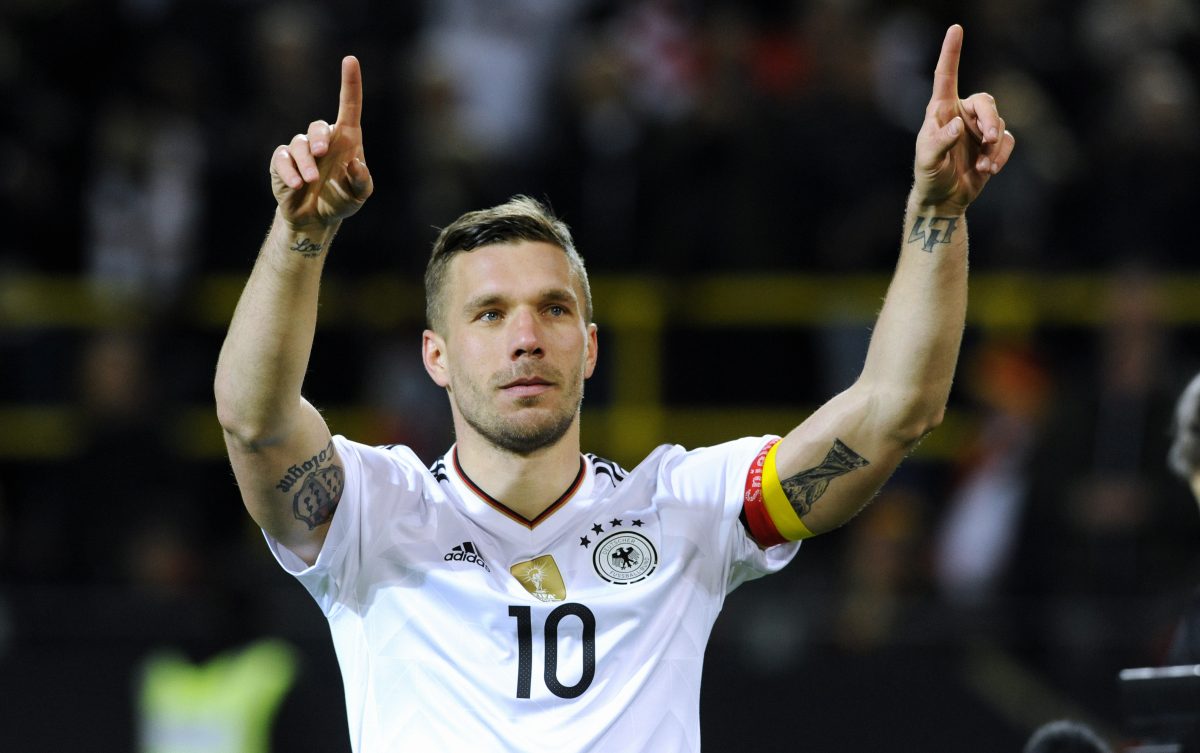 Dortmund, Njemačka - 23. mart 2017:  Njemačka je s 1:0 u prijateljskoj utakmici u Dortmundu savladala Englesku, a strijelac pobjedonosnog gola u svom 130. nastupu, ujedno i posljednjem, bio je upravo Podolski (na fotografiji). ( Uwe Kraft - Anadolu Agency )
