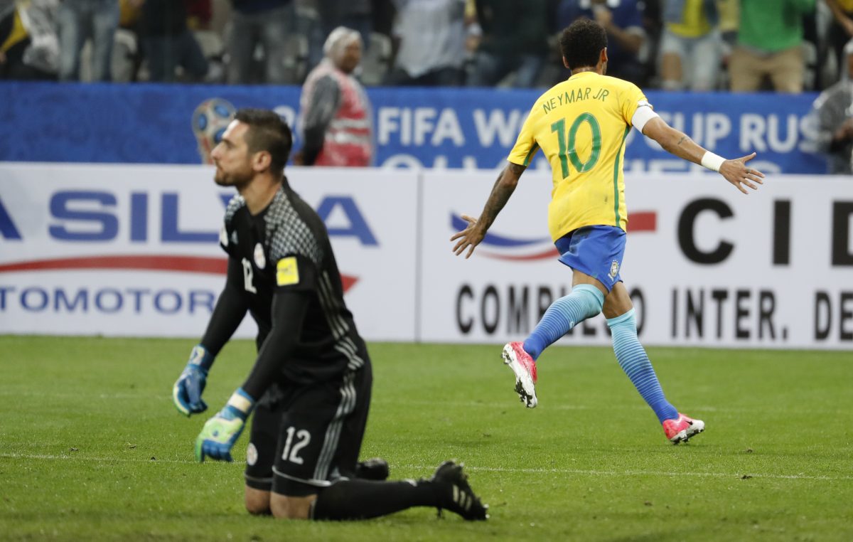 SAO PAULO, BRAZIL - MARCH 28:  Neymar Jr. of Brazil celebrates after scoring a goal against Paraguay during the 2018 FIFA World Cup Qualifying group match between Brazil and Paraguay at Arena Corinthians Stadium on March 28, 2017 in Sao Paulo, Brazil. ( Leonardo Benassatto - Anadolu Agency )