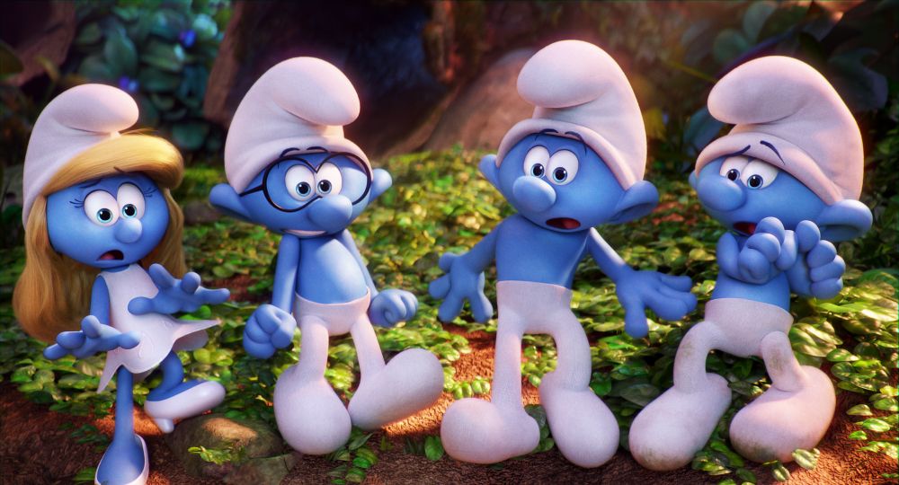 Smurfette (Demi Lovato), Brainy (Danny Pudi), Hefty (Joe Manganiello) and Clumsy (Jack McBrayer) in Columbia Pictures and Sony Pictures Animation's SMURFS: THE LOST VILLAGE.